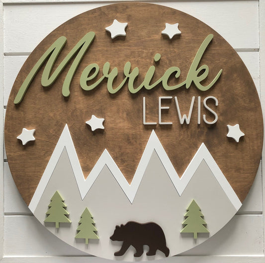 Grey/Green Mountain and Stars Custom Nursery/Kid's Room Sign