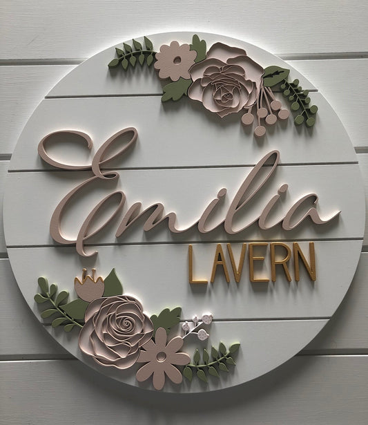 Blush/Gold Double Rose Floral Nursery/Kid's Room Sign