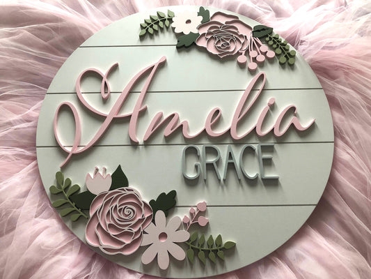 Pink/Grey Double Rose Floral Custom Nursery/Kid's Room Sign