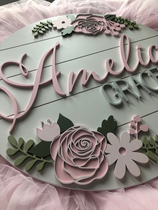 Pink/Grey Double Rose Floral Custom Nursery/Kid's Room Sign