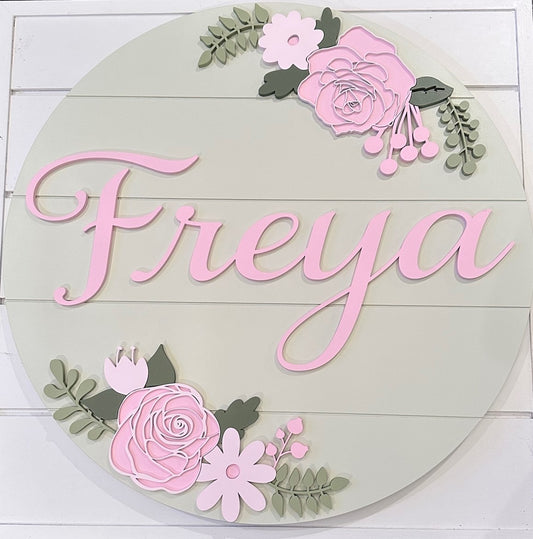 Green/Pink Double Rose Floral Custom Nursery/Kid's Room Sign
